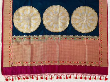 Banarasi Katan Silk Saree | Navy Blue & Maroon | Gold and Silver Zari | Handwoven | Silk Mark Certified | Ships from California